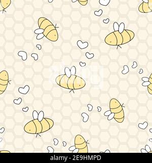 Yellow black white isolated insects. Bees are in love, hearts are near their heads are arranged in no particular order. Seamless repeat pattern on bro Stock Vector