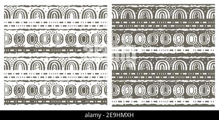 Set of two same seamless patterns. Ovals, semicircles, rainbows, lines, dots, circles and other shapes. Rough curved gray and white lines, hand drawn Stock Vector