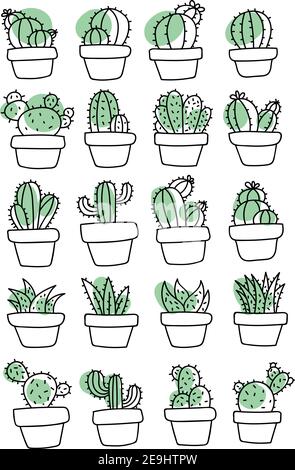 Cactuses in different shapes and sizes, illustration, vector on white background. Stock Vector