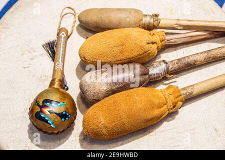 Alabama Moundville Archaeological Park Site,Middle Mississippian Era culture Native American Indian,historical village museum tom tom drum shaker, Stock Photo