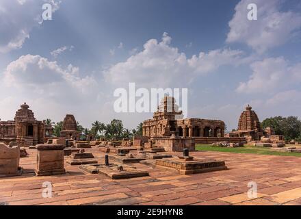 Bagalakote, Karnataka, India - November 7, 2013: Pattadakal temple complex. Brown stone landscape of brown stone Sanganeshwar, Galagnatha, and other t Stock Photo