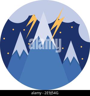 Lightning at night in the mountains, illustration, vector on white background. Stock Vector