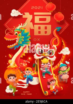 CNY cute kids playing lion and dragon dance, hanging out together with traditional stuff. Fortune written in Chinese text on giant doufang background Stock Vector