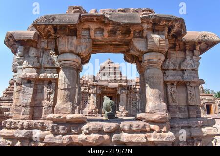 Pattadakal temple .South Indian temples with Indian rock cut architecture in karnataka near Badami city . Stock Photo