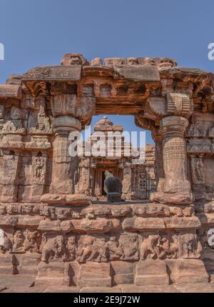 pattadakal temple a valley of red soil.South Indian temples with Indian rock cut architecture in karnataka near Badami city . Stock Photo