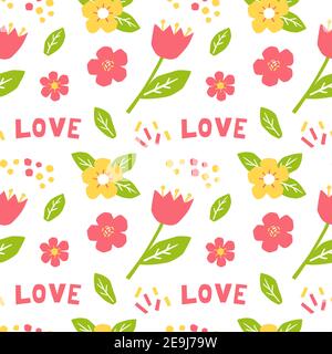 Spring seamless pattern with yellow, pink flowers and green leaves. Vector illustration in cut paper style. Cartoon flat doodles. Stock Vector