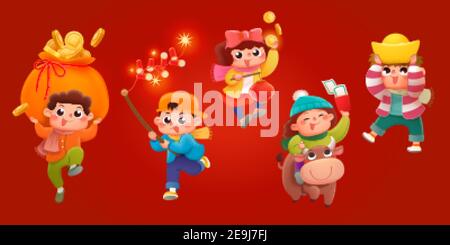 CNY cute kids playing together isolated on red banner Stock Vector