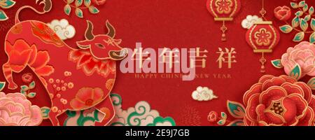 Traditional year of the ox banner design with peony flower decorations in paperart style, Chinese translation: Auspicious new year Stock Vector