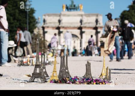 Paris, France Miniature Eiffel Tower Trinkets being sold at Jardin des Tuileries Stock Photo