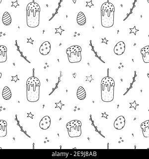 Cute Easter seamless pattern. Festive Easter cakes and eggs, stars and willow twigs. Vector hand-drawn illustration in doodle style. Stock Vector
