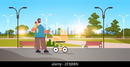 young father walking outdoor with little baby son fatherhood parenting concept dad spending time with his kid cityscape background horizontal full length vector illustration Stock Vector