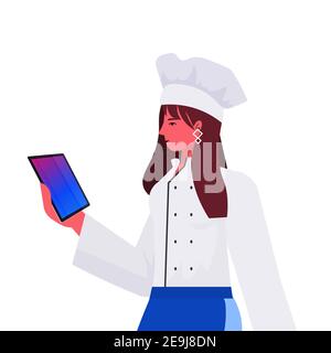 female cook in uniform woman chef using tablet pc cooking food industry concept professional restaurant kitchen worker portrait vector illustration Stock Vector