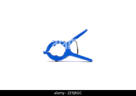 front photo of light blue curve shape plastic cloth hanging clips Stock Photo