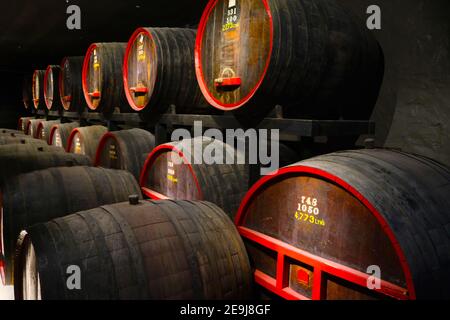 Barrels of wine in the underground cellars of Penfolds Wines at Magill in Adelaide Australia Stock Photo