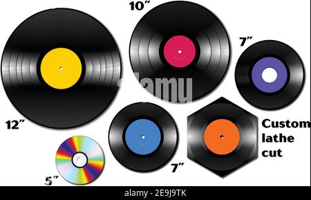 Vinyl lp and ep collection with various sizes of music media Stock Vector