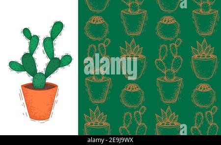 Flat cactus with thorns in a clay pot. Wallpaper with home plants. Fabric with cacti. Set of doodle postcards and patterns. Vertical banner and natura Stock Vector