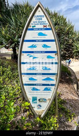 Board describing the rules of the surfers code at the entrance of the main ocean beach at Coolum Beach, Sunshine Coast, Queensland, Australia Stock Photo