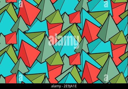 Seamless geometric pattern from multicolored pyramids. Childrens wallpaper from prisms. Fabric made of red and green cones. Texture for wrapping fabri Stock Vector
