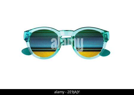 Sunglasses with abstract colorful lines pattern on white background isolated close up, digital screen sunglass concept, neon light glasses, accessory Stock Photo