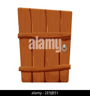 Wooden door in cartoon style, comic isolated on white background. Fantasy entrance, outdoor interior, mediaeval or fairy element. Ui game assets. . Ve Stock Vector