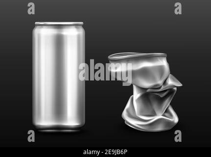 Crumpled aluminium can, empty container for soda or beer. Vector realistic mockup of metal trash for recycle, crushed tin can for drink. Recycling garbage isolated on gray background Stock Vector