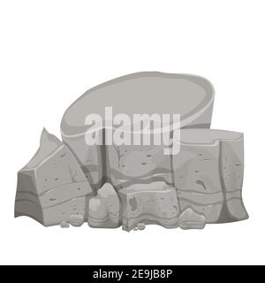 Stone pile, rock construction heavy in cartoon style isolated on white background. Mineral detailed drawing, old textured, boulder decoration. Vector Stock Vector