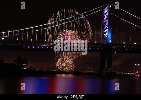 Fireworks Exploding Near Ben Franklin Bridge Philadelphia PA on July 4th. Stock Photo