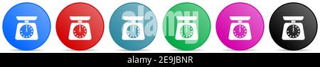Kitchen weight, scale, measure, measurement vector icons, set of circle gradient buttons in 6 colors options for webdesign and mobile applications Stock Vector
