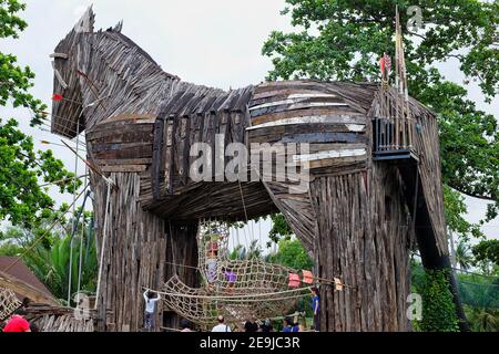 Bang Kachao, Samut Prakan / Thailand - 08/08/2020: A large tree house made from wood in the shape of a horse at Get Growing Community Farm which have Stock Photo