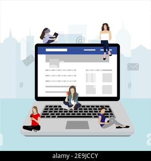 Social media addiction, people use laptop smartphone. Internet communication, community network lifestyle, woman and man follow to content. Vector ill Stock Vector