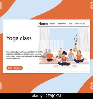 Yoga class page, retreat exercise fot group illustration. Harmony and wellness pose for body, yoga meditate exercise. Vector fitness and meditation re Stock Vector