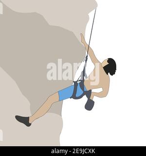 Climber man climb on rock with rope. Vector mountain cliff, person travel and adventure extreme illustration Stock Vector