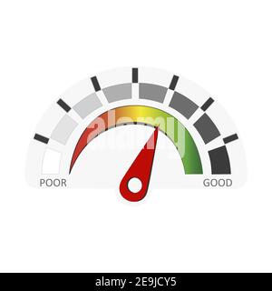 Level dial credit arrow score isolated on white background. Illustration measurement interface to get mortgage, excellent meter score vector Stock Vector