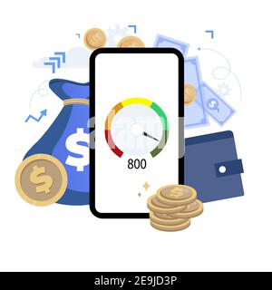 Fast loan, mobile banking app, good credit rating. Vector fast interface credit application, loan bank, cash instant, measure score approval, easy mon Stock Vector