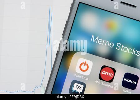 GameStop, AMC Theatres, Nokia, and BlackBerry Enterprise app icons are seen on an iPhone on February 4, 2021. Meme stock is a term for a stock that is Stock Photo