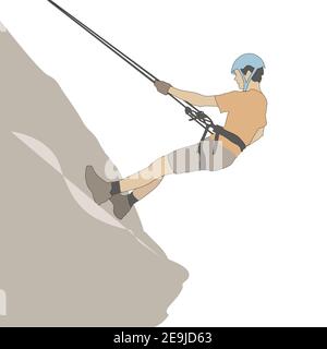 Mountaineer climbs on top of mountain. Man climb to top rock, vector climber on mountain cliff, extreme adventure with equipment tourism, mountaineeri Stock Vector