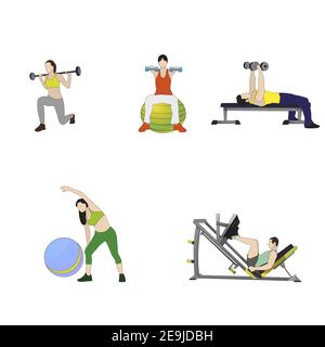 People do exercise various pose. Vector physical workout, strong man and woman sport position illustration Stock Vector