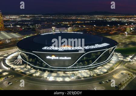 An aerial view of Allegiant Stadium, Wednesday, Feb. 3, 2021, in Las Vegas. The stadium is the home of the Las Vegas Raiders and the UNLV Rebels. Stock Photo