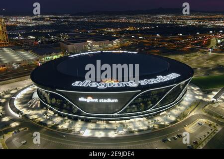 An aerial view of Allegiant Stadium, Wednesday, Feb. 3, 2021, in Las Vegas. The stadium is the home of the Las Vegas Raiders and the UNLV Rebels. Stock Photo