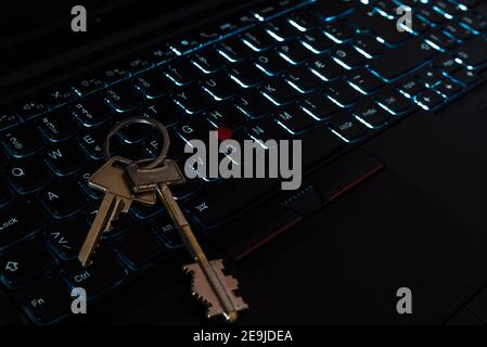 Two keys on laptop keyboard, closeup image.Indoors shot. Stock Photo
