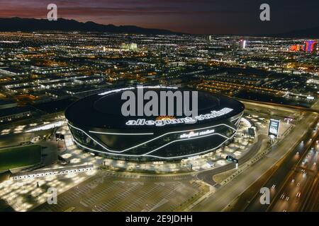 An aerial view of Allegiant Stadium, Wednesday, Feb. 3, 2021, in Las Vegas. The stadium is the home of the Las Vegas Raiders and the UNLV Rebels. Stock Photo