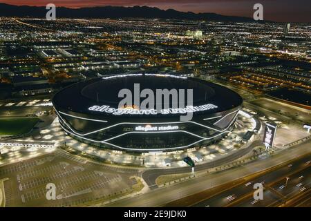 An aerial view of Allegiant Stadium, Wednesday, Feb. 3, 2021, in Las Vegas. The stadium is the home of the Las Vegas Raiders and the UNLV Rebels. Stock Photo