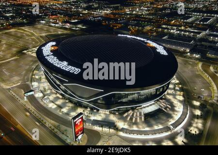 An aerial view of Allegiant Stadium, Wednesday, Feb. 3, 2021, in Las Vegas. The stadium is the home of the Las Vegas Raiders and the UNLV Rebels. Stock Photo