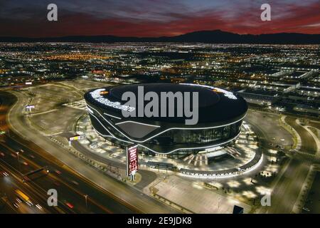 An aerial view of Allegiant Stadium, Wednesday, Feb. 3, 2021, in Las Vegas. The stadium is the home of the Las Vegas Raiders and the UNLV Rebels. Stock Photo