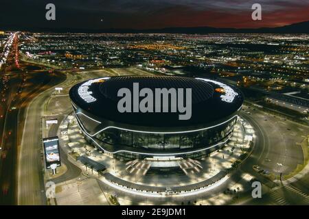 An aerial view of Allegiant Stadium, Wednesday, Feb. 3, 2021, in Las Vegas. The stadium is the home of the Las Vegas Raiders and the UNLV Rebels. Stock Photo