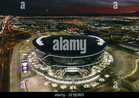 An aerial view of Allegiant Stadium, Wednesday, Feb. 3, 2021, in Las Vegas. The stadium is the home of the Las Vegas Raiders and the UNLV Rebels. Stock Photo