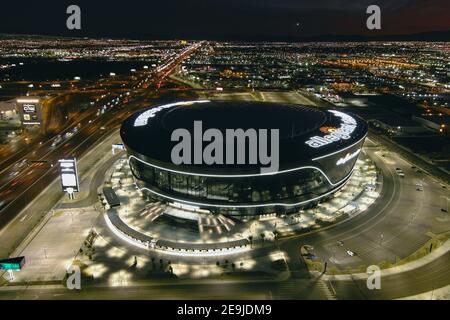 An aerial view of Allegiant Stadium, Wednesday, Feb. 3, 2021, in Las Vegas. The stadium is the home of the Las Vegas Raiders and the UNLV Rebels. Stock Photo