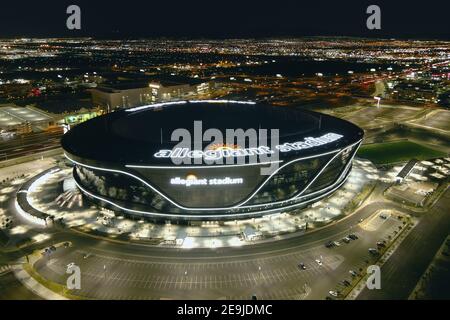 An aerial view of Allegiant Stadium, Wednesday, Feb. 3, 2021, in Las Vegas. The stadium is the home of the Las Vegas Raiders and the UNLV Rebels. Stock Photo