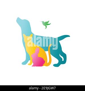 Vector group of pets - Dog, cat, rabbit,  humming bird isolated on white background. / Vector pets for your design. Animals. Stock Vector