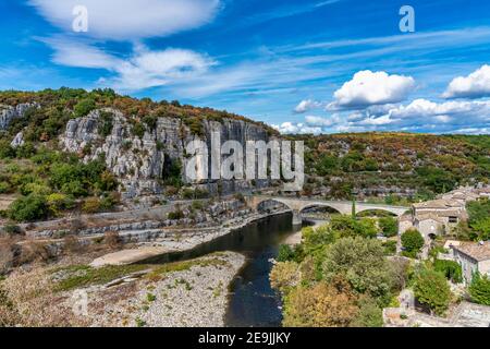The bridge over the river Ardeche near the old village Balazuc, which is recognized as historical heritage and is considered as one of the charming vi Stock Photo